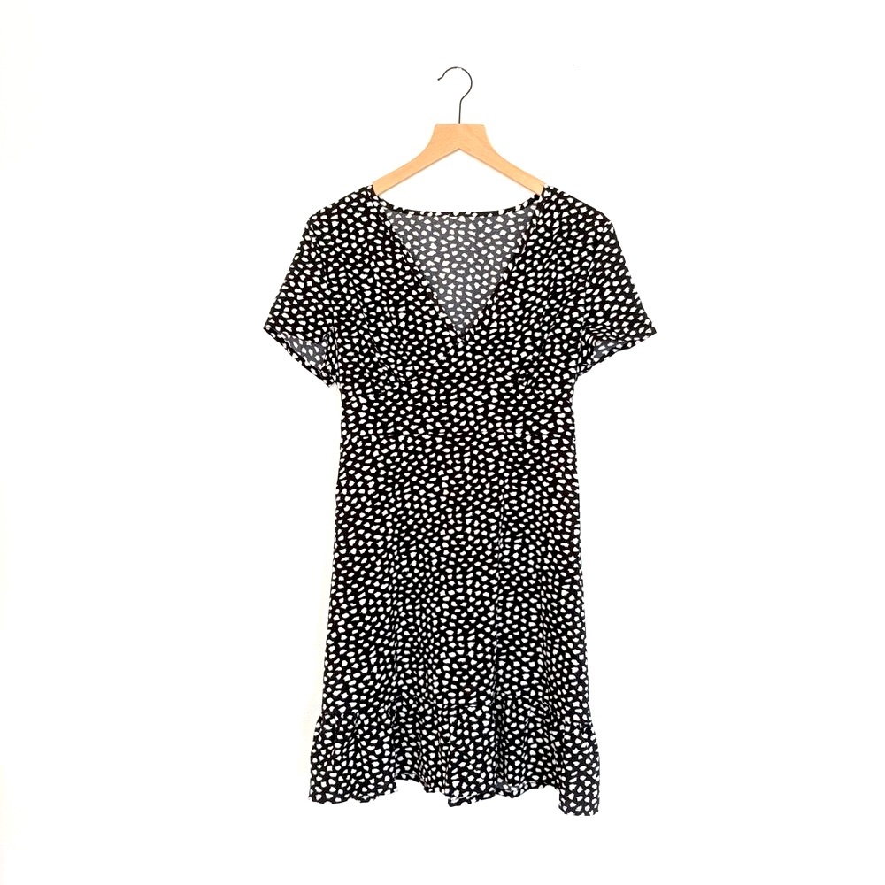 2/$15 ~ vtg polka dot ruffle mini  - black and white polka dot dress - S - EUC